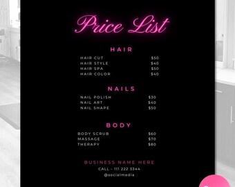 Bearbeitbare Schönheitssalon Preisliste Vorlage, rosa Flyer (Canva)