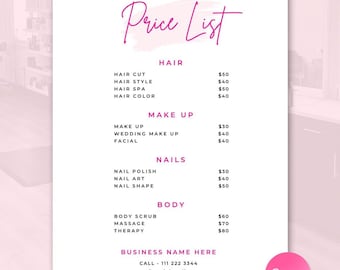 Bearbeitbare rosa Schönheitssalon Preisliste Vorlage (Canva)