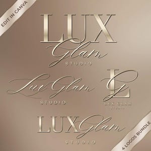 Może przedstawiać: Cztery złote warianty logo "LUX Glam Studio" na brązowym tle z gradientem. Loga wykorzystują skryptowy krój pisma dla "Glam" i krój pisma szeryfowego dla "LUX". Widoczny jest również tekst "EDIT IN CANVA" i "4 LOGOS BUNDLE".