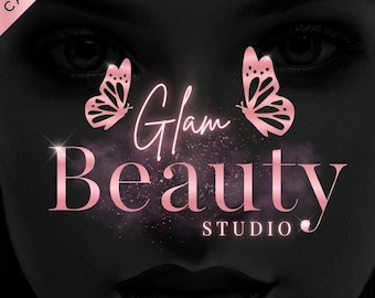 Rosa Beauty Logo, Canva Logo Vorlage, rosa Schmetterling, Glitter Sparkle Ästhetisches Logo, bearbeitbares Logo-Design für Salon, Wimpern, Nägel, Make-up