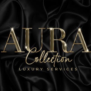May include: A gold metallic logo with the word "AURA" in a bold, stylized font. The text "Collection" is written in a cursive font below the word "AURA". The text "LUXURY SERVICES" is written in a sans-serif font below the word "Collection". The logo is set against a black satin background.