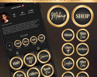 Instagram Highlight Covers, Gold Black Highlight Covers, Canva Template, Editable Covers Bundle, Lash Highlight Covers, Instant Download