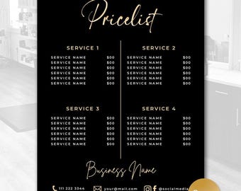 Salon Price List Template, Gold Design, Editable in Canva (Digital Download)