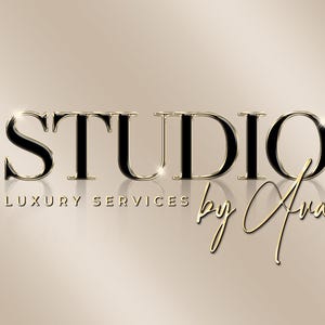 Könnte beinhalten: Goldenes und schwarzes Logo mit dem Text "STUDIO" in fetter Schrift und "LUXURY SERVICES by Ana" in Kursivschrift.