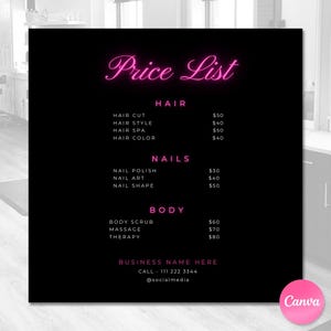 Price List Template, Editable Price List, Canva Price List, Pricing List, Beauty Price List, Pink Price List, DIY Price List Flyer Canva