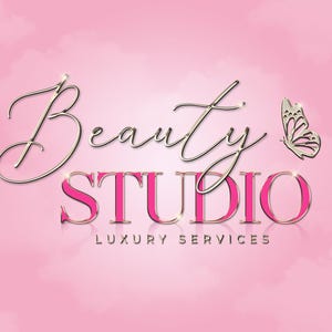 May include: A pink and gold logo for a beauty studio. The words "Beauty STUDIO" are in a cursive and bold font, with the word "STUDIO" in a bright pink color. A gold butterfly is on the right side, and the words "LUXURY SERVICES" are at the bottom.