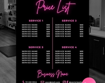 Editable Salon Price List Template, Pink & Black (Canva)