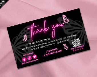 Butterfly Thank You Card, Pink Neon Design, Canva Template (Digital Download)