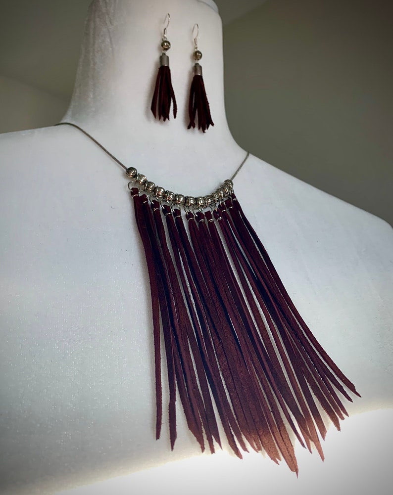 Boho Leather Fringe Necklace Leather Fringe Earrings Set image 1