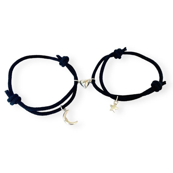Couple Matching bracelets for couple Magnet Heart bracelet  Black adjustable bracelets Star and Crescent relationship jewelry