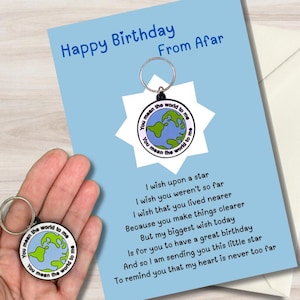 Across the miles-verjaardagskaart, met wereldbol sleutelhanger cadeau. Gepersonaliseerde optie beschikbaar