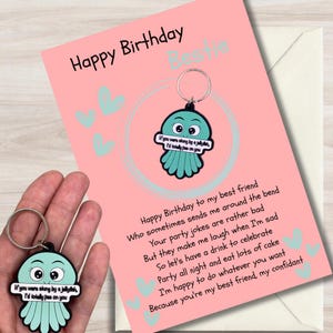 Carte d'anniversaire amusante BFF Bestie avec cadeau porte-clés méduse. Option personnalisée disponible