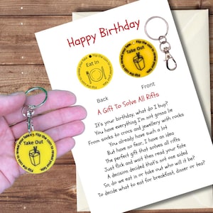 Carte d'anniversaire amusante avec pièce de décision pour emporter, cadeau porte-clés. Option personnalisée disponible