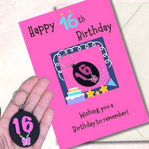 Carte pour 16e anniversaire avec porte-clés pour 16e anniversaire. Option personnalisée disponible