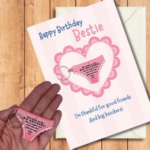 Grappige verjaardagswenskaart Bestie BFF met grote slip. Sleutelhanger cadeau. Gepersonaliseerde optie beschikbaar