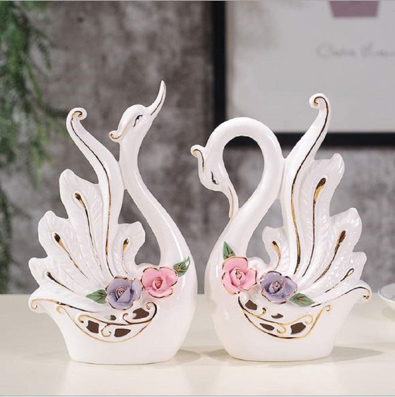 Pair of Swan Figurines Home Decor Statues Bone China Material Etsy