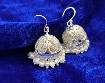 Sterling silver Jhumka with white pearl , Traditional look , Perfect gift for her, Indian culture Jewellery , Free delivery worldwide