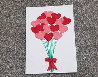 Felt hearts bouquet card, blank card, pink hearts card, birthday card, Valentine's Day card, card for her, red hearts card