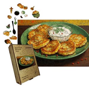 Ukrainian Food Crispy Deruny Wooden Puzzle Unique HDF Puzzle Gift Eco-Friendly Folk Kitchen Design A5–A1 Sizes Patriotic Ukraine gift