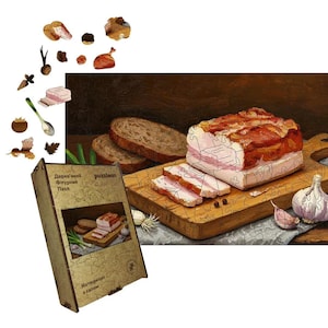 Scented Salo  Wooden Puzzle Ukrainian Food Art Puzzle Handmade HDF Jigsa Eco Puzzle Gift from Ukraine A5–A1 Sizes Patriotic Ukrainian gifts