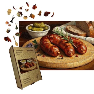 Homemade Sausage Wooden Puzzle Ukrainian Food Art Handmade HDF Jigsa Eco Puzzle Gift from Ukraine A5–A1 Sizes Patriotic Ukrainian gifts