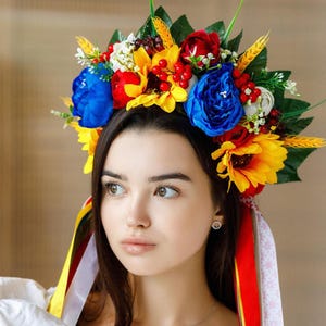 Ukrainian Flower Wreath with Poppies Sunflowers & Wheat Handmade with Ribbon Traditional Slavic Crown Folk Costume Headpiece Ukrainian gifts
