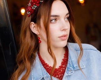 Oekraïense sieraden en hoofdband met bloemen, handgemaakte houten kralenketting oorbellen, folk Vinok-haarring, Vyshyvanka-cadeau