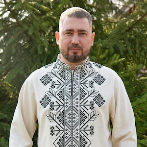 Embroidered Black White Shirt Modern Ukrainian Linen Vyshyvanka for Men ( M-5XL ) Traditional Ukrainian Ethnic Clothes Gifts from Ukraine