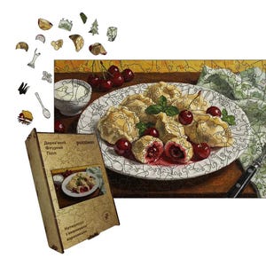 Cherry Dumplings Wooden Puzzle Ukrainian Food Art Handmade HDF Jigsa Eco Puzzle Gift from Ukraine A5–A1 Sizes Patriotic Ukrainian gifts