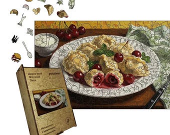 Puzzle in legno di gnocchi di ciliegie, arte culinaria ucraina, fatto a mano in HDF, puzzle ecologico, regalo dall'Ucraina, formati A5–A1, regali patriottici ucraini