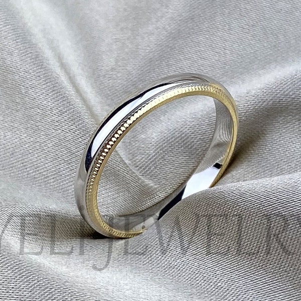 Platinum Ring, Milgrain, Two Tones Wedding Bands for Men and Women, Anniversary Gift