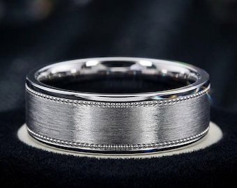 Mens 6mm Brushed Milgrain Wedding Band Platinum or White Gold or Silver