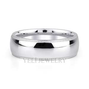 Mens Platinum Wedding Band, Milgrain, Low Domed, Simple Husband Ring, Wide 925 Silver 10k 14k Solid White Gold Band