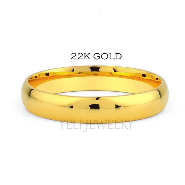 22K Solid Gold Wedding Band, Plain, 4mm Polished Domed + Comfort Fit, Mens Womens Ring, Traditional Ring, Classic Band, Engravable