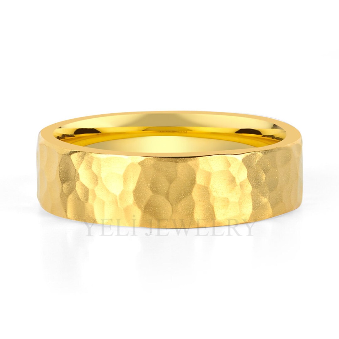 24k Pure Gold Wedding Band, Hammered, 5mm, Mens Womens Ring, Husband