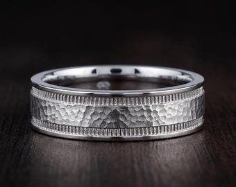 Manly 6mm Hammered Platinum or White Gold or Silver Wedding Band Milgrain Comfort Fit