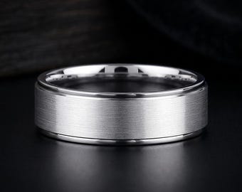 Wide Brushed Platinum or White Gold or Silver Mens Wedding Band, Engraveable