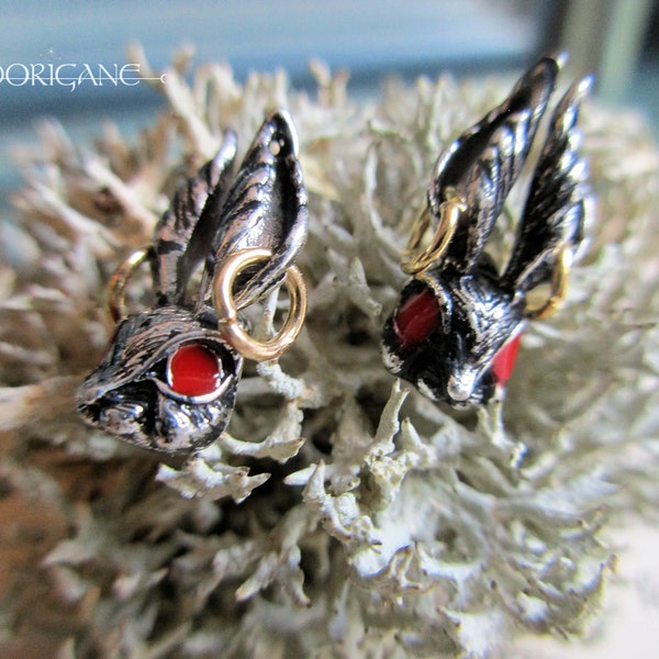 stud earrings pin rabbit gothic wicca chip silver metal rocker biker Alice in Wonderland gift idea jewelry for men and women