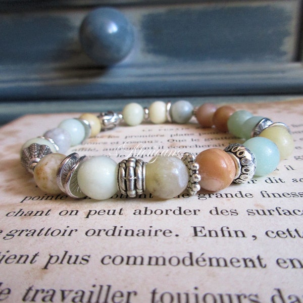 elastic bracelet natural stone amazonite and charms silver metal style Boho hippie ethnic trend