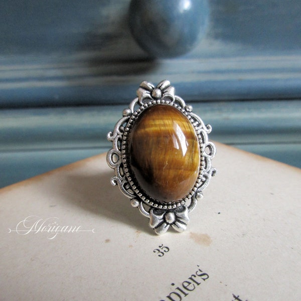 bague en oeil de tigre cabochon ovale réglable ajustable style ancien vintage victorien steampunk pierre naturelle bijou cadeau femme