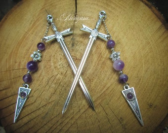 set 2 hair picks in natural stone amethyst, hair sticks, bun chopsticks, metal swords, wedding gift woman