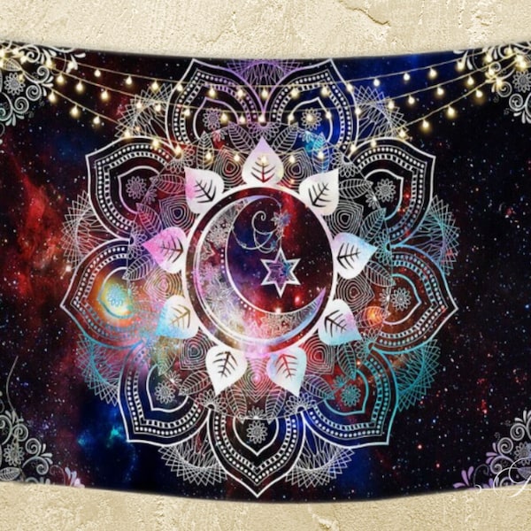 tenture murale ou tapis nappe de divination symbole zodiaque planètes psychédélique panneau astres étoiles soleil tarot décoration