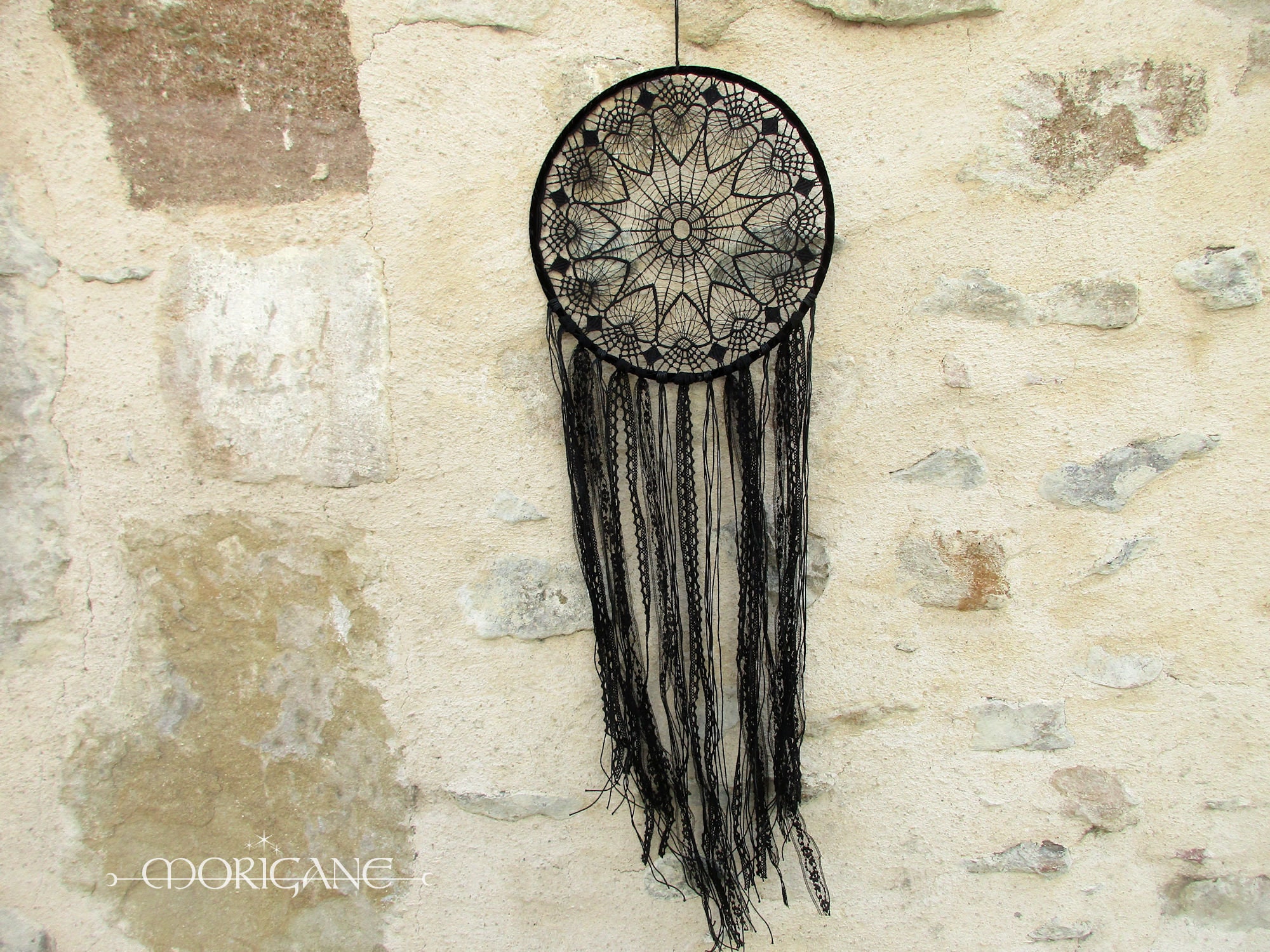 Grand Dreamcatcher Noir Suspension Attrape Rêves Capteur de Dentelles Boho Amérindien Ethnique Décor