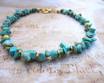 bracelet chips turquoise, pierre naturelle, puces naturelles, grande taille, style boho bohême, bijou d'été femme
