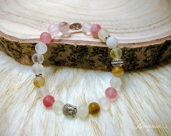 bracelet quartz cerise mat, pierre naturelle, perles Bouddha et breloque, cadeau femme, fait main, cadeau pour elle, zen méditation