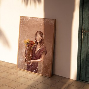 Julia - Digital Download- Botanische Wandkunst, Frau mit Blumen im Topf, Boho-Dekor, Terrakotta Wandkunst, Portrait Illustration Print