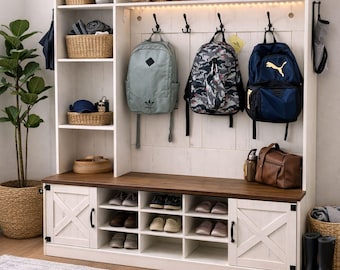 Farmhouse Hall Tree with LED Lights, Entryway Bench with Storage, Rustic White Coat Rack, Shoe Bench Organizer, Entryway Furniture