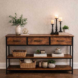 Entryway Console Table with Power Outlets & USB, Rustic Sofa Table with 3 Drawers, Narrow Hallway Table with Storage, Charging Station