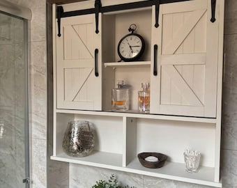 Farmhouse Wall Cabinet with Sliding  Doors Rustic Bathroom Storage Cabinet Wooden Medicine Cabinet Over Toilet Organizer Adjustable Shelve