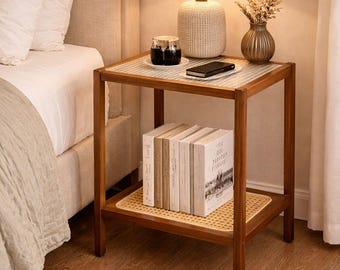 Boho Rattan Side Table Bamboo Nightstand Glass Top End Table 2 Tier Storage Narrow Bedside Table Small Space Mid Century Modern Accent Table